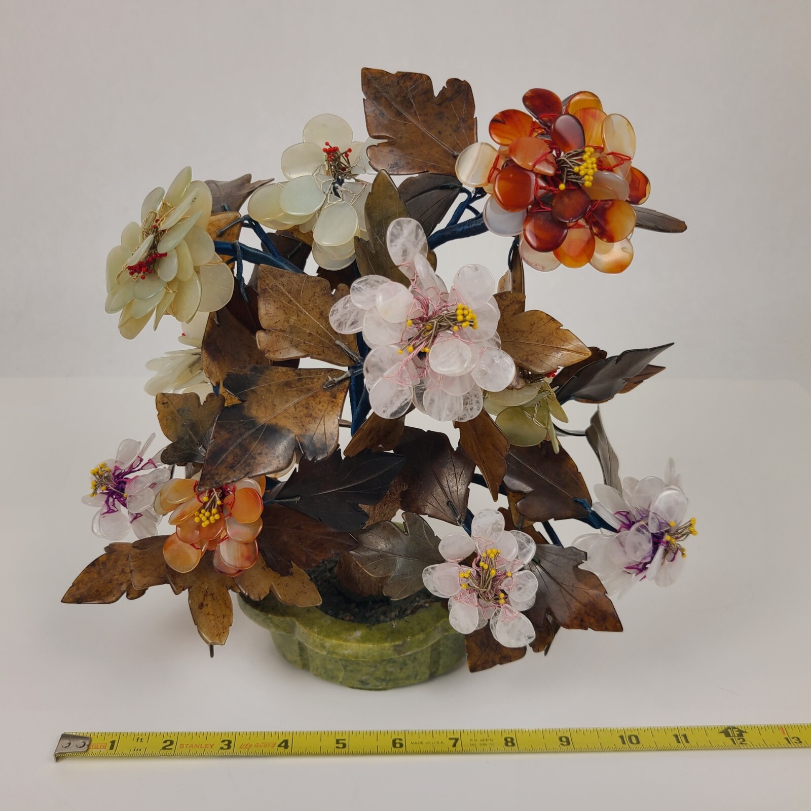 Vtg MCM Carved Agate Jade Quartz Bonsai Tree Flower Blossom Plant 11″ Tall Asian