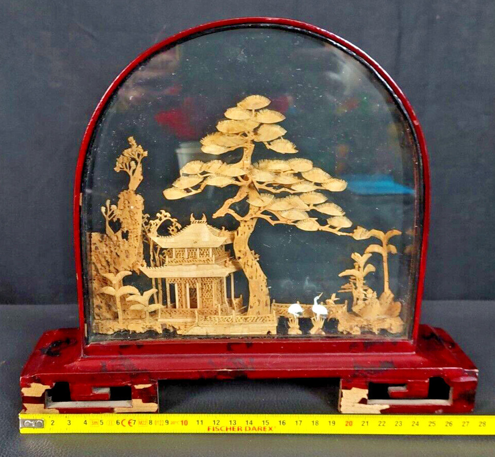 VINTAGE CHINESE SAN YOU DIORAMA CORK CARVING GLASS CASE PAGODA TREES & CRANES