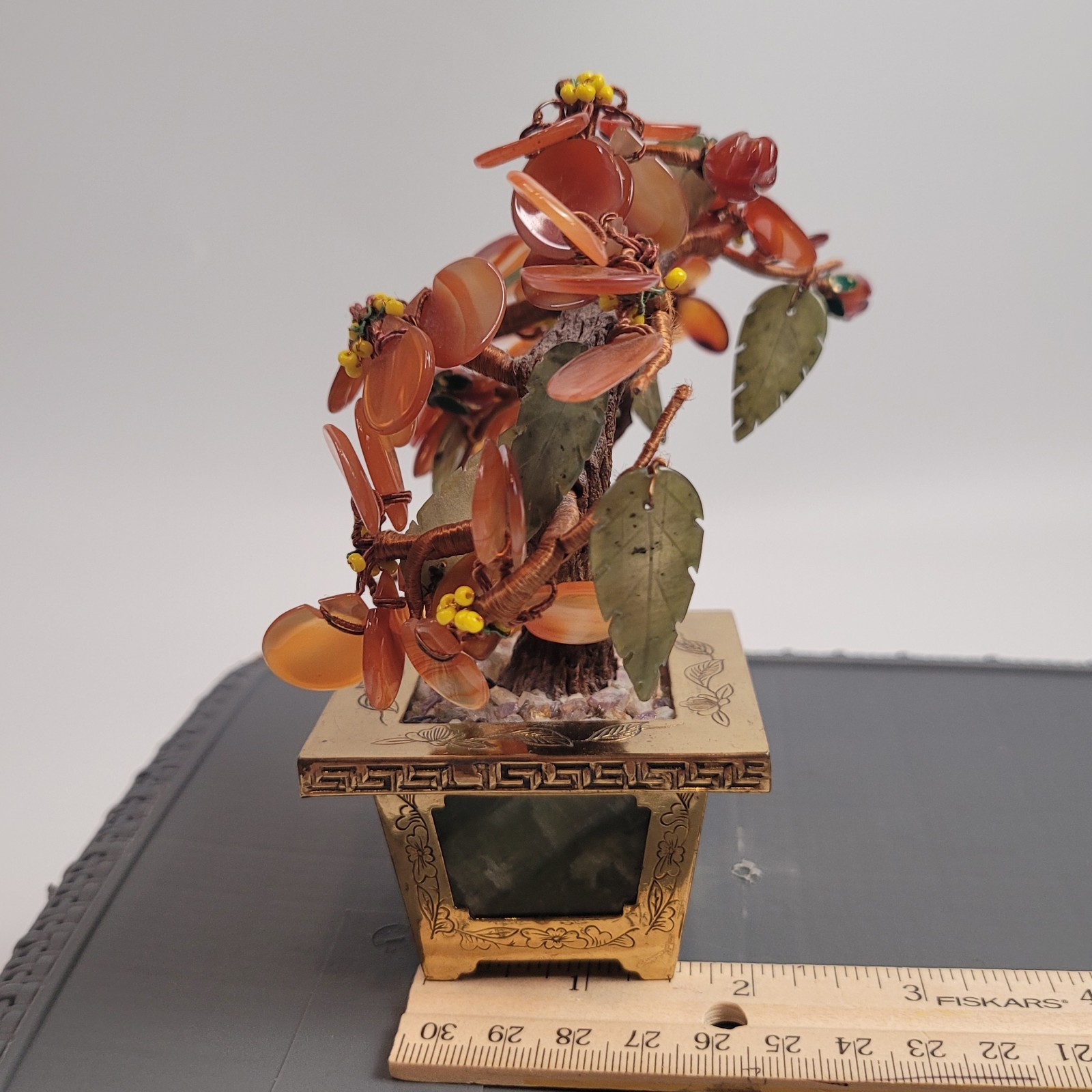 CHINESE HARDSTONE BONSAI TREE w/ CARNELIAN FLOWER/NEPHRITE INLAID JADE HONG KONG