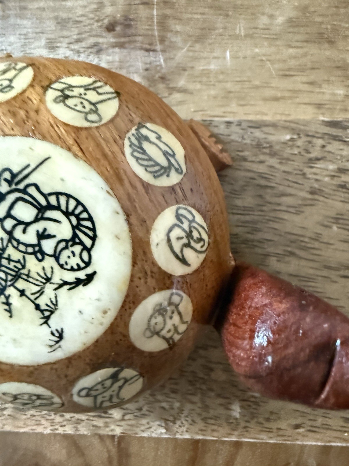 Vtg Asian Carved Wooden Turtle, Opens with Compass and Zodiac Signs