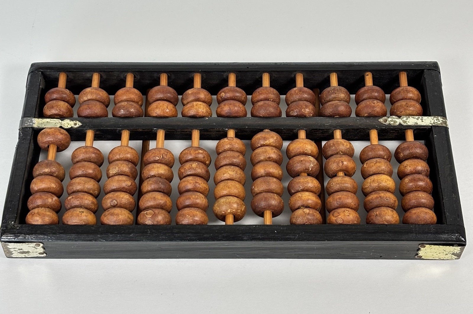 Vintage Wood Abacus 11 Rods 77 Wooden Beads Brass Corners Asian Calculator
