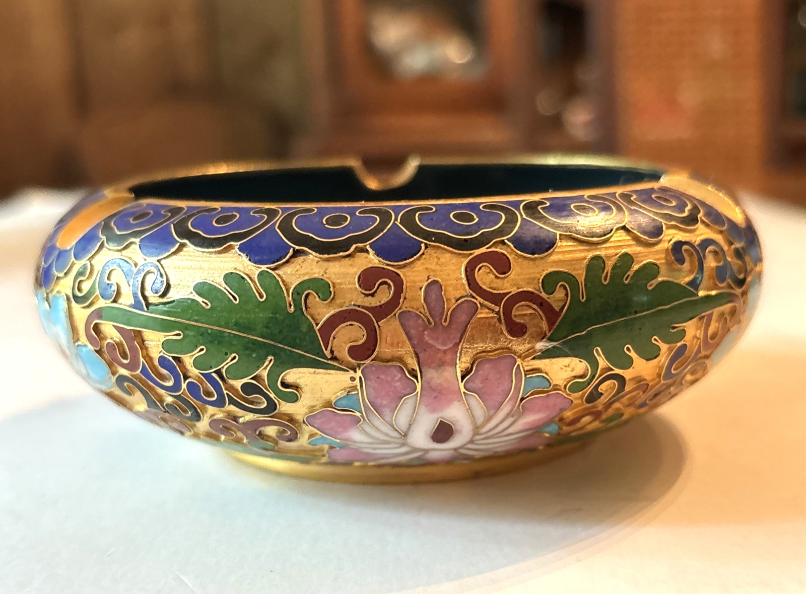 Vintage Chinese Cloisonne Enamel Ashtray Lotus Flowers Teal Gold MCM 4.5” Ornate