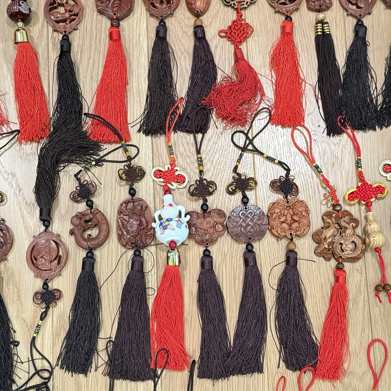 LOT OF Chinese Asian Good Luck Wall Hanging Wood Carve Porcelain Ornament Tassel
