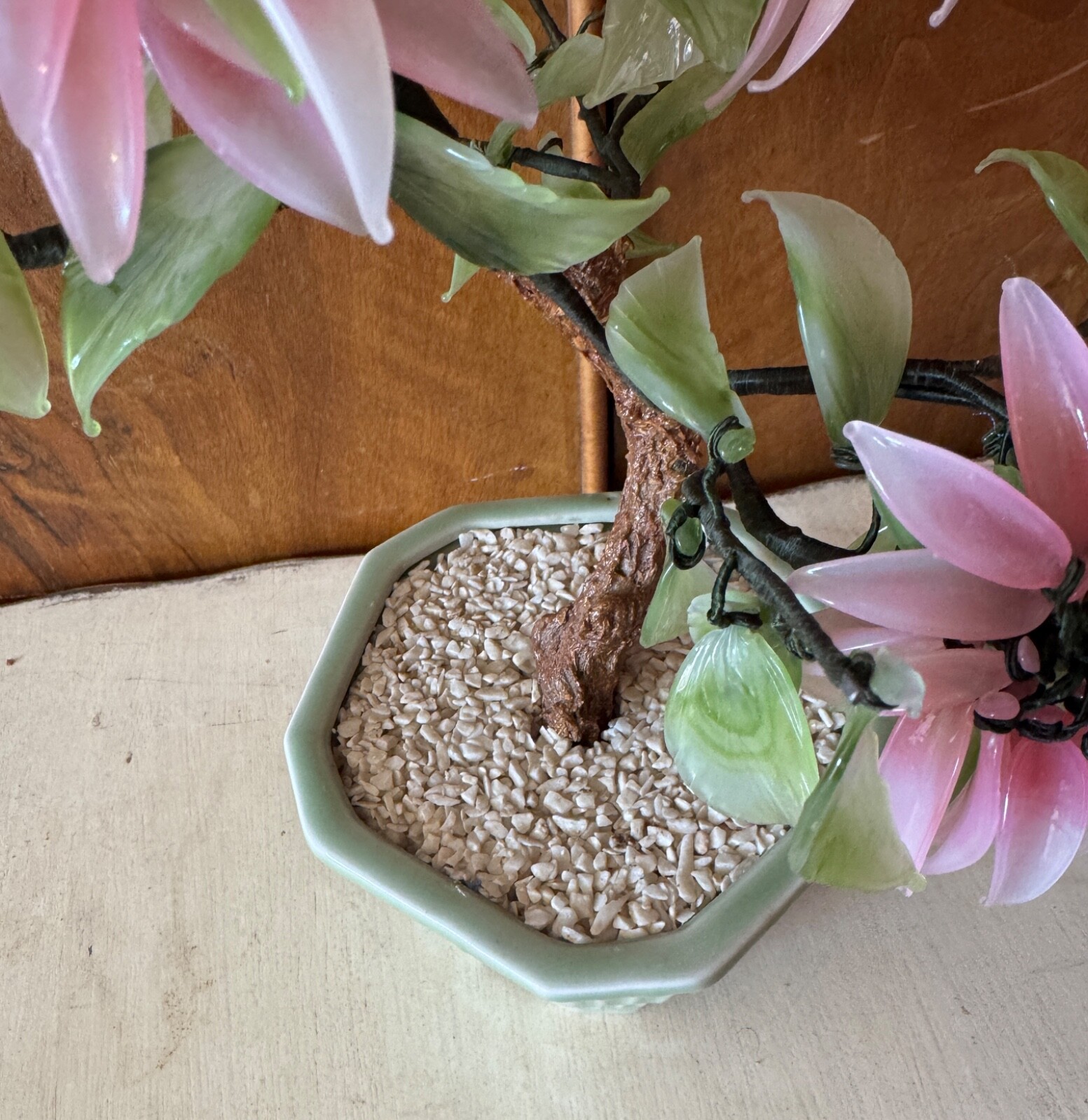 CHINESE JADE QUARTZ GLASS FLOWER TREE VINTAGE CELADON VASE PINK