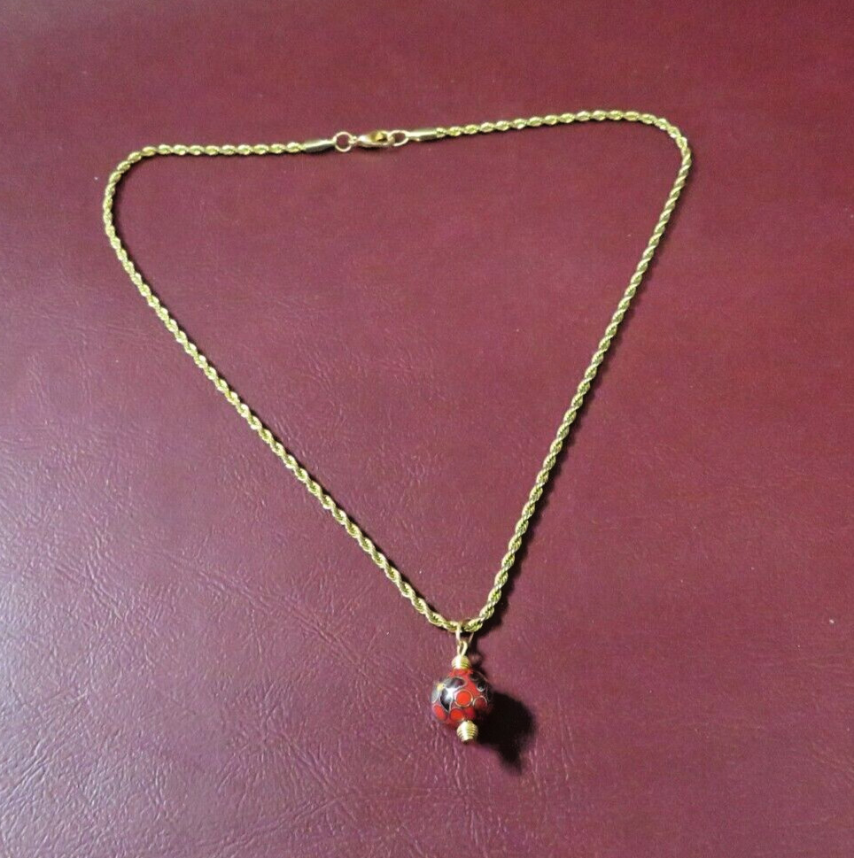 Vintage Asian Style Necklace w/ 17″ Braided Chain and Red Cloisonne Pendant