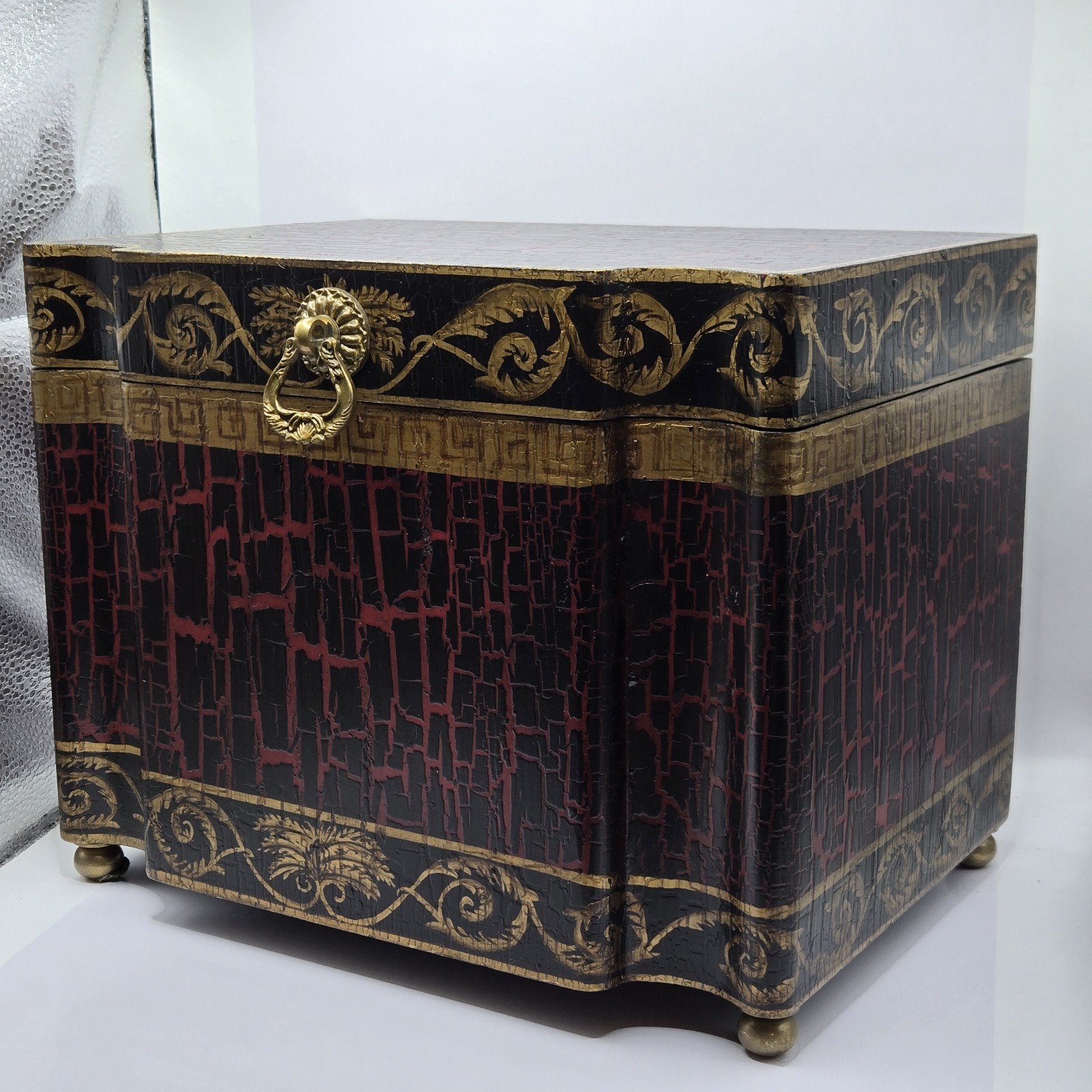 Vintage Large Asian Wood Pagoda Top Jewelry Box Storage, Brass Feet. 11×8×8.5″