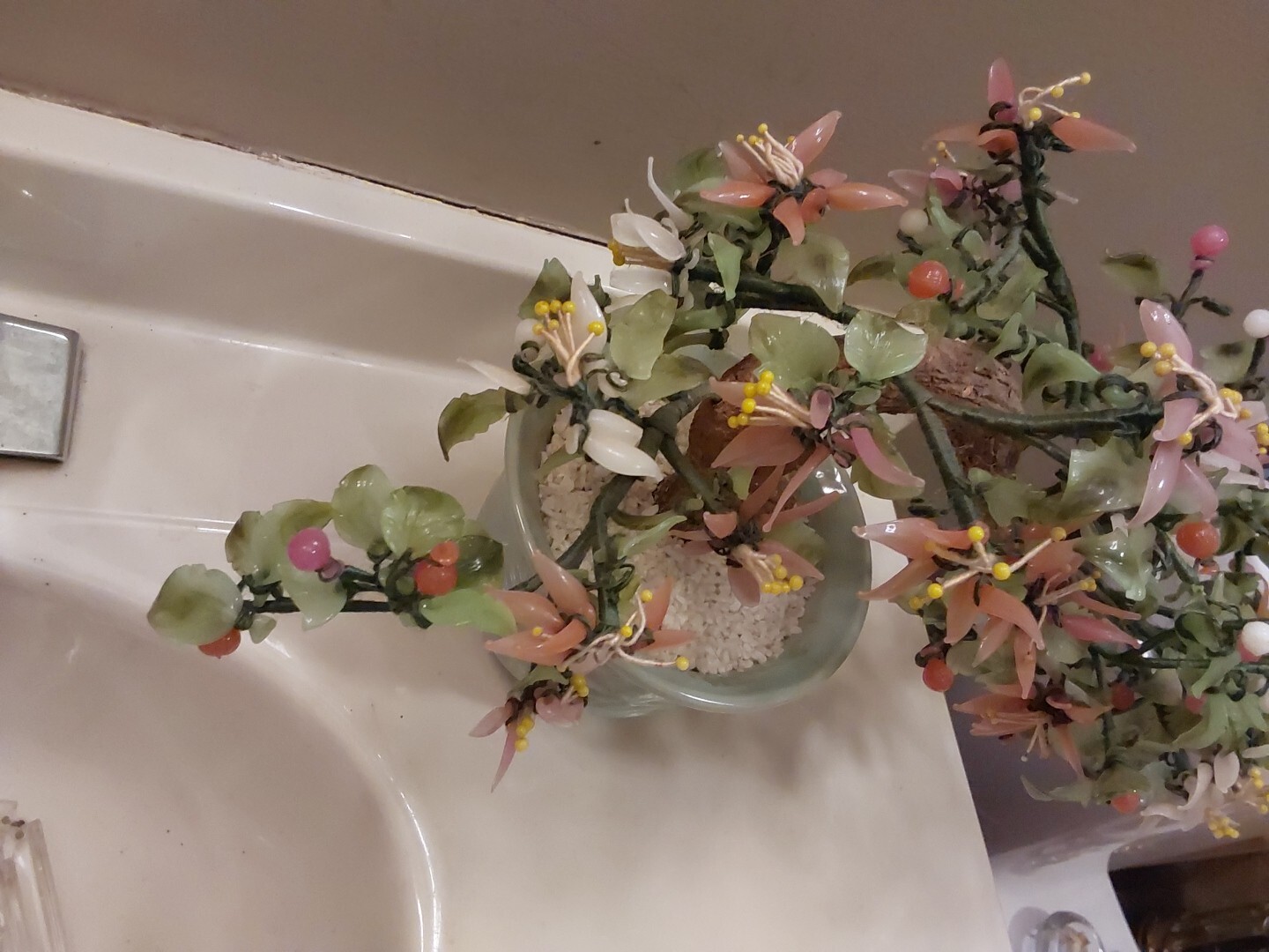 Vintage Jade & Glass Bonsai Tree Multi-Color Chrysanthemum Blossoms Celadon Pot