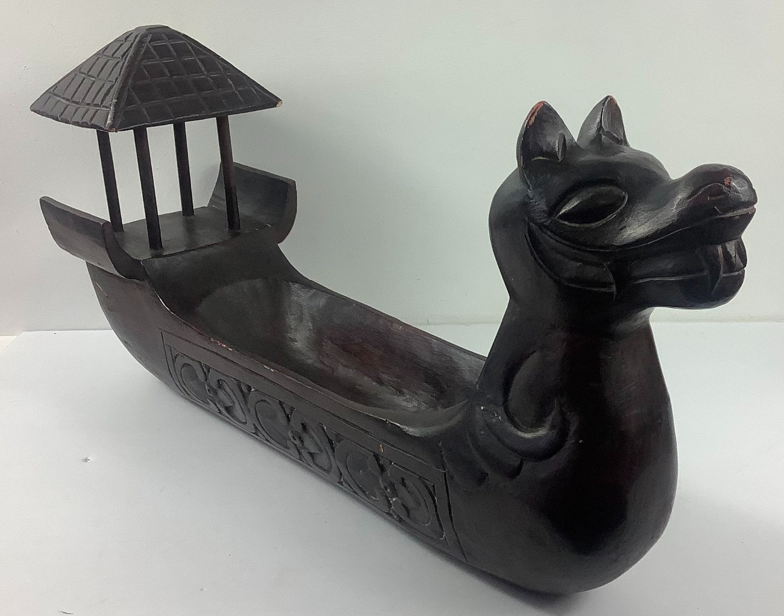 Vtg Wooden Asian Dragon Boat Decorative Centerpiece Display Tray Bowl 24″x6.75″x