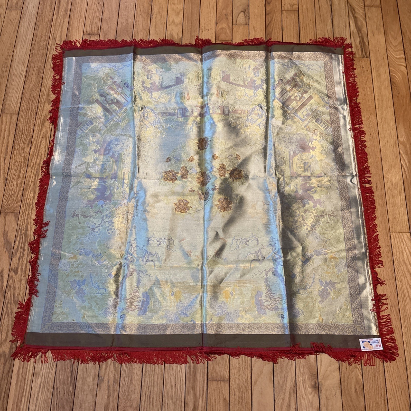 Vintage Chinese Silk Brocade Tablecloth fringe Tapestry Embroidery 38” x 37”