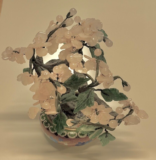 Chinese Quartz & Jade Flower Tree in Cloisonne Pot Vintage Bonzai for good luck