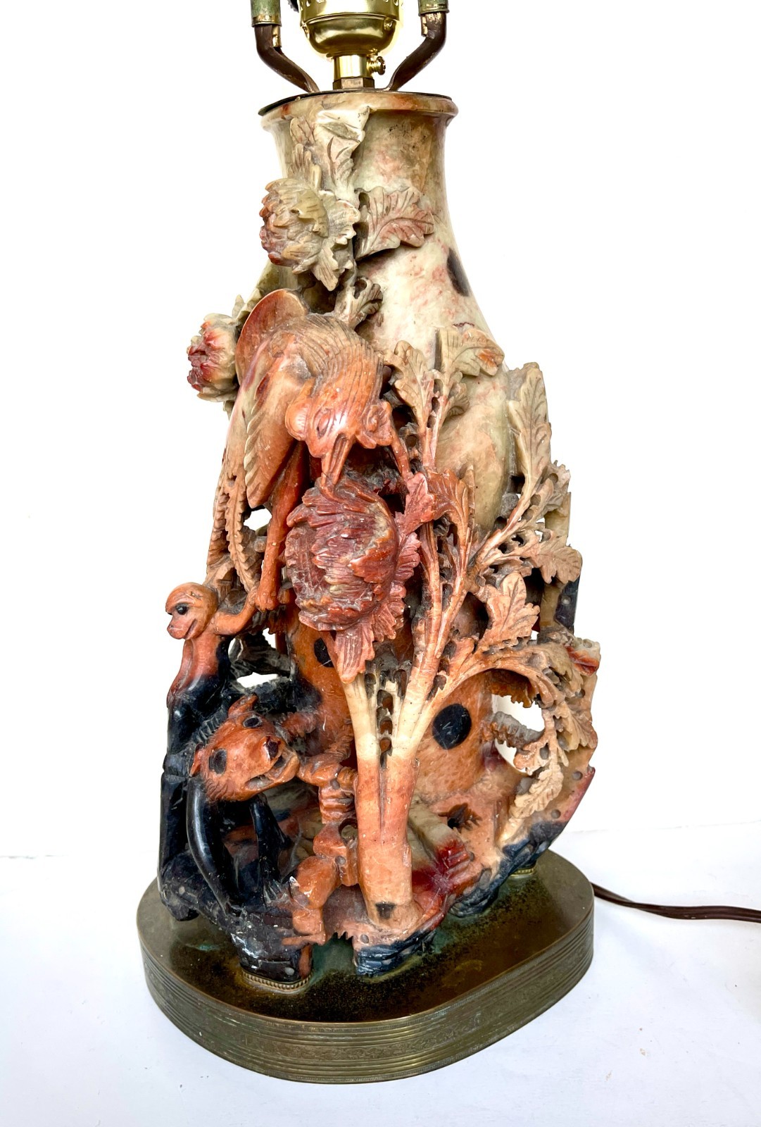Chinese Soapstone Lamp Carved Bird Paradise Monkey Flowers Antique