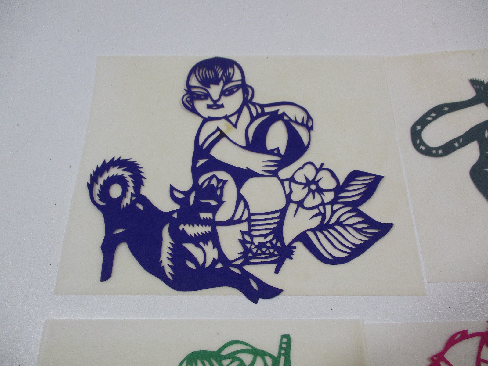 Lot Set 8 Vintage Chinese Folk Art Paper Cuts Woman with Animals Multicolor