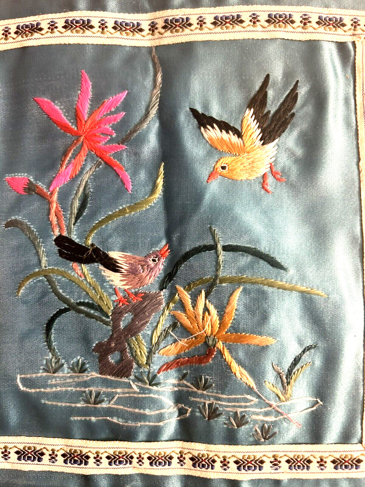 Chinese Silk Hand Embroidered Birds & Flowers Panel 11″ x 11″