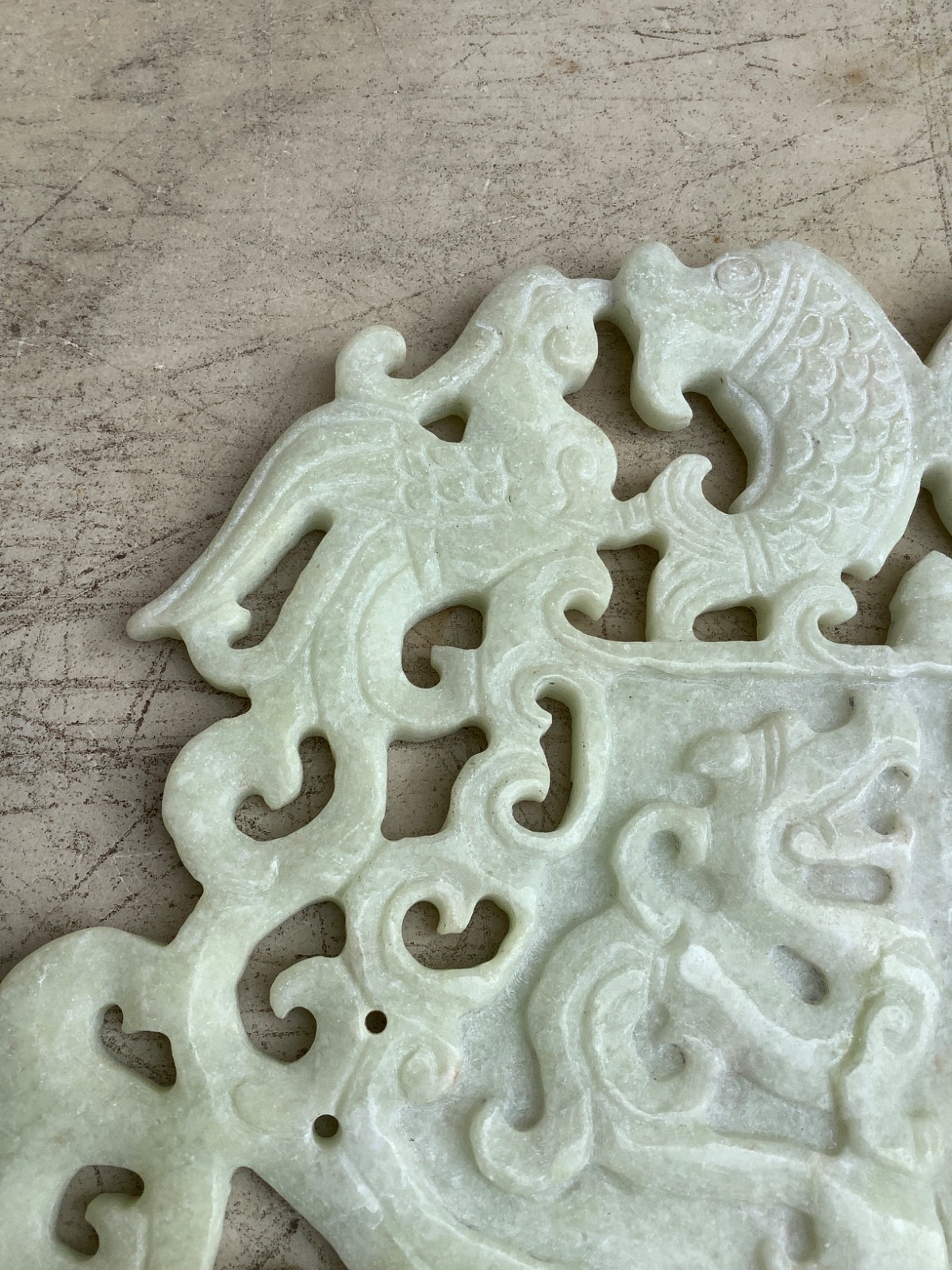 9.5″ Chinese OLD HAND CARVED JADE GREEN ONYX Plaque DRAGONS PHOENIX FISH
