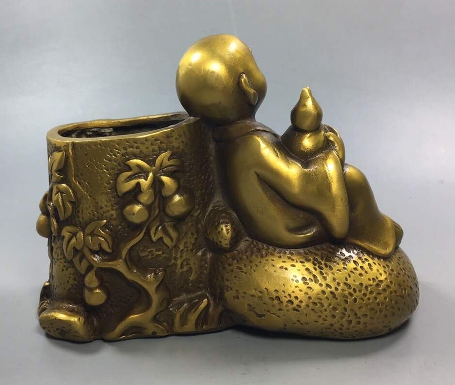 Brass Monk Statue Pen Holder Brush Pot Ignorance Is Bliss Zen Decor