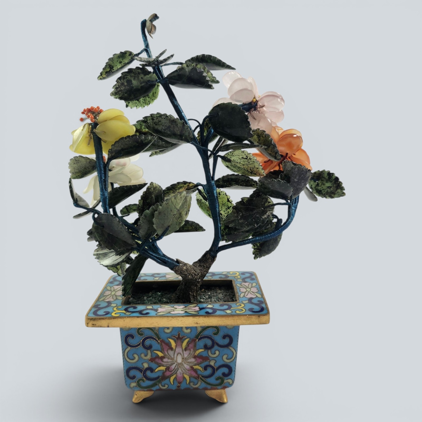 Vintage Small Chinese Carved Stone Leaves Flowers Jade Bonsai Tree Cloisonné Pot