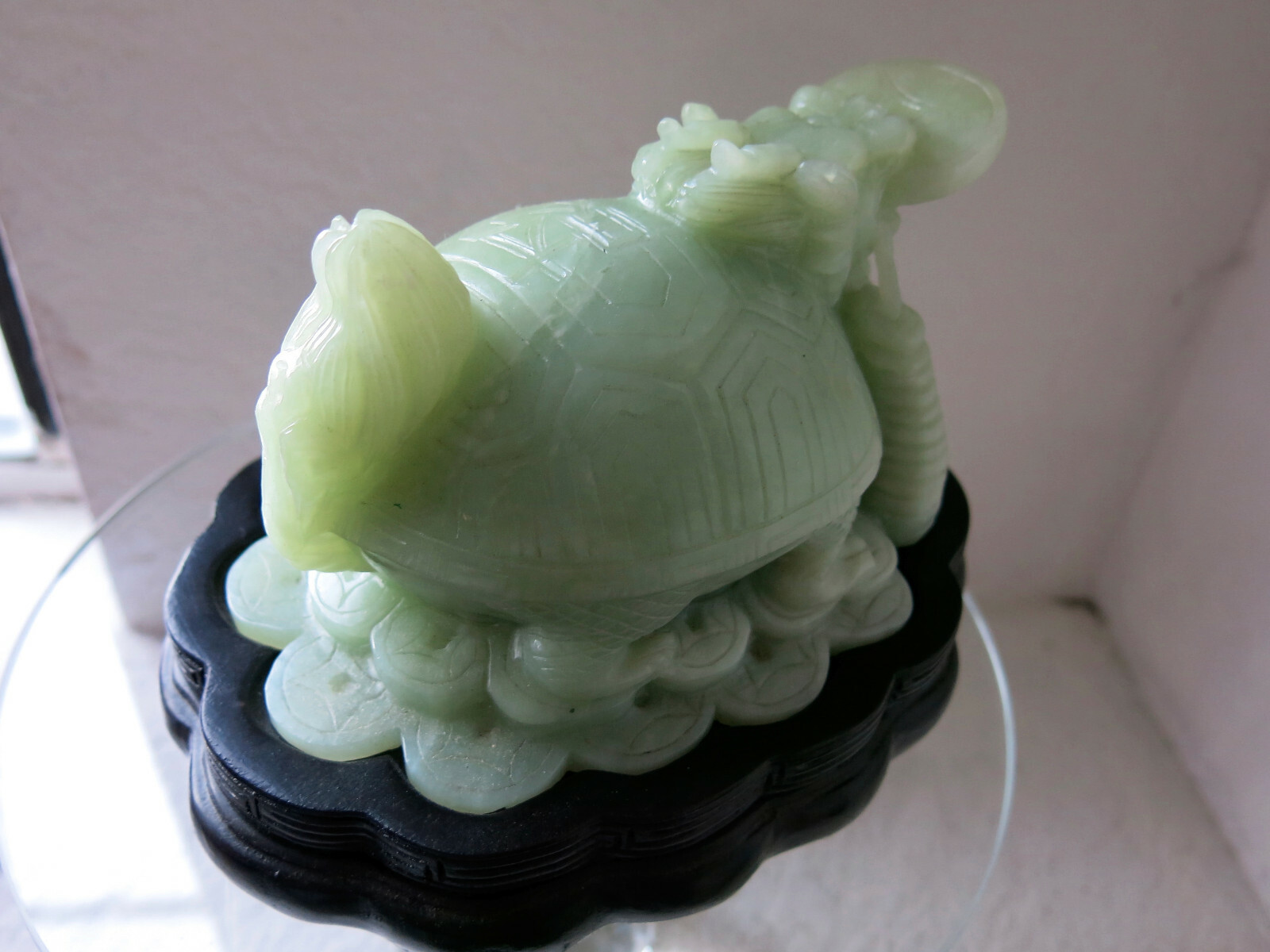 Asian Carved Jade Turtle – Many Symbols: Foo Dog Head, Coin in Mouth