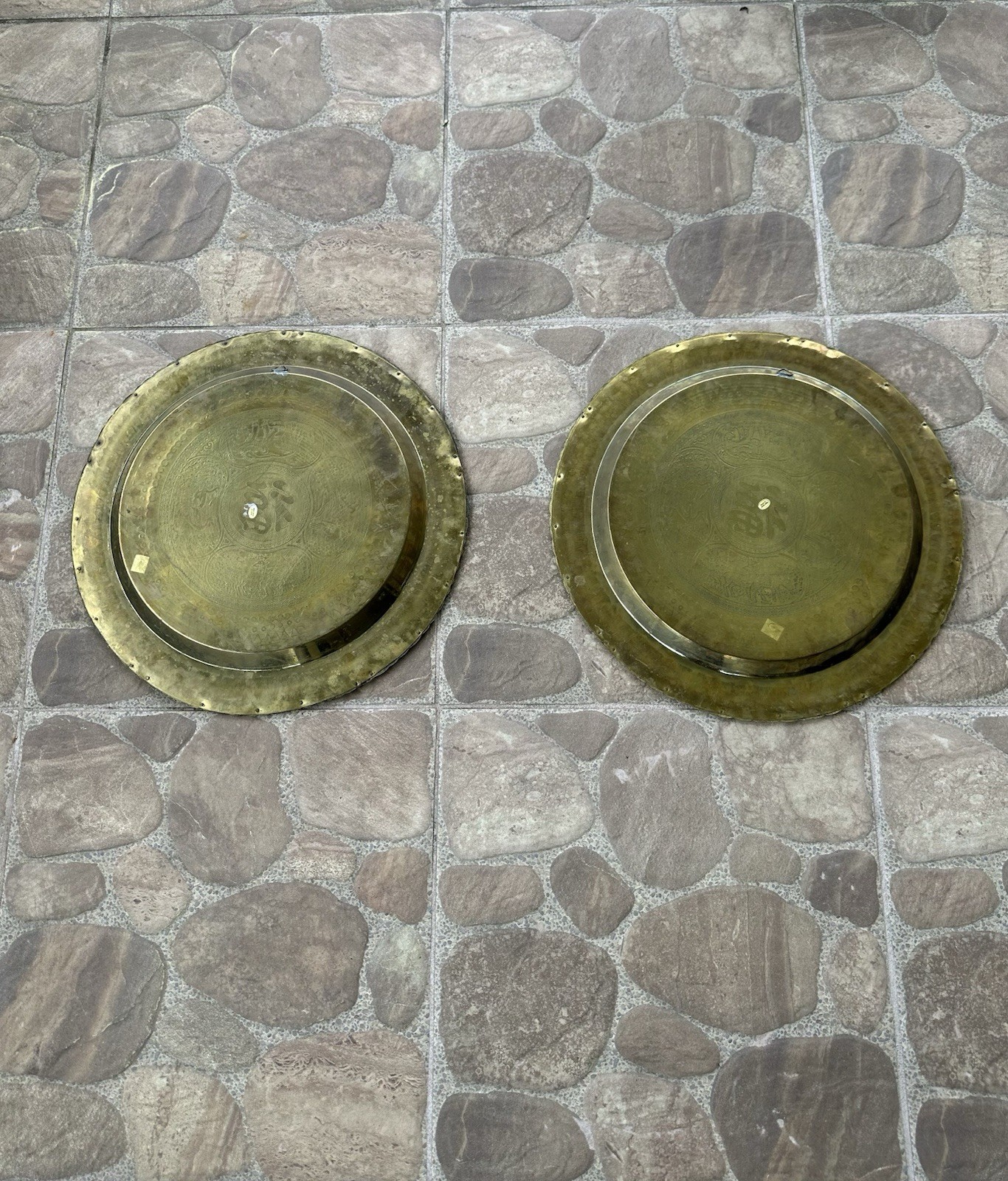 Pair Of Large Vintage 18” Chinese Etched Brass Wall Hanging Table Tray Decor