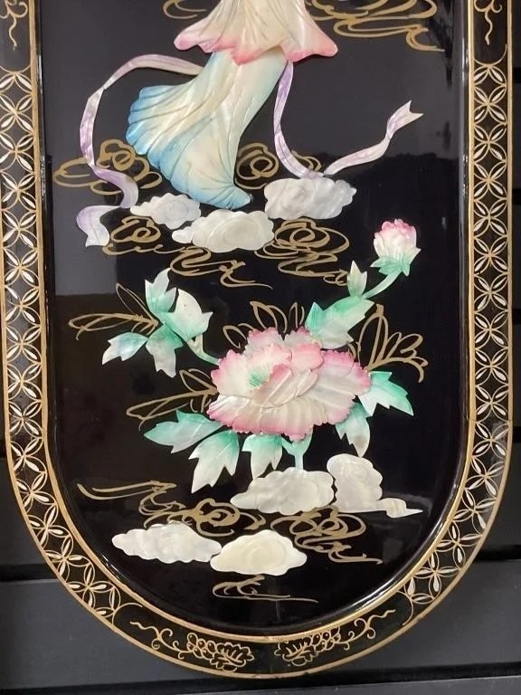 Vintage Chinese Lacquer Wall Panel – Mother‑of‑Pearl Inlay – 12×36 in