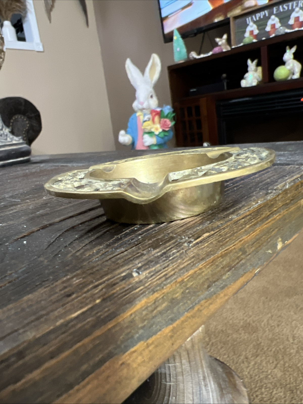 Vintage Chinese Brass Red Enamel Ashtray, Bamboo Floral Design 3.25″ Taiwan