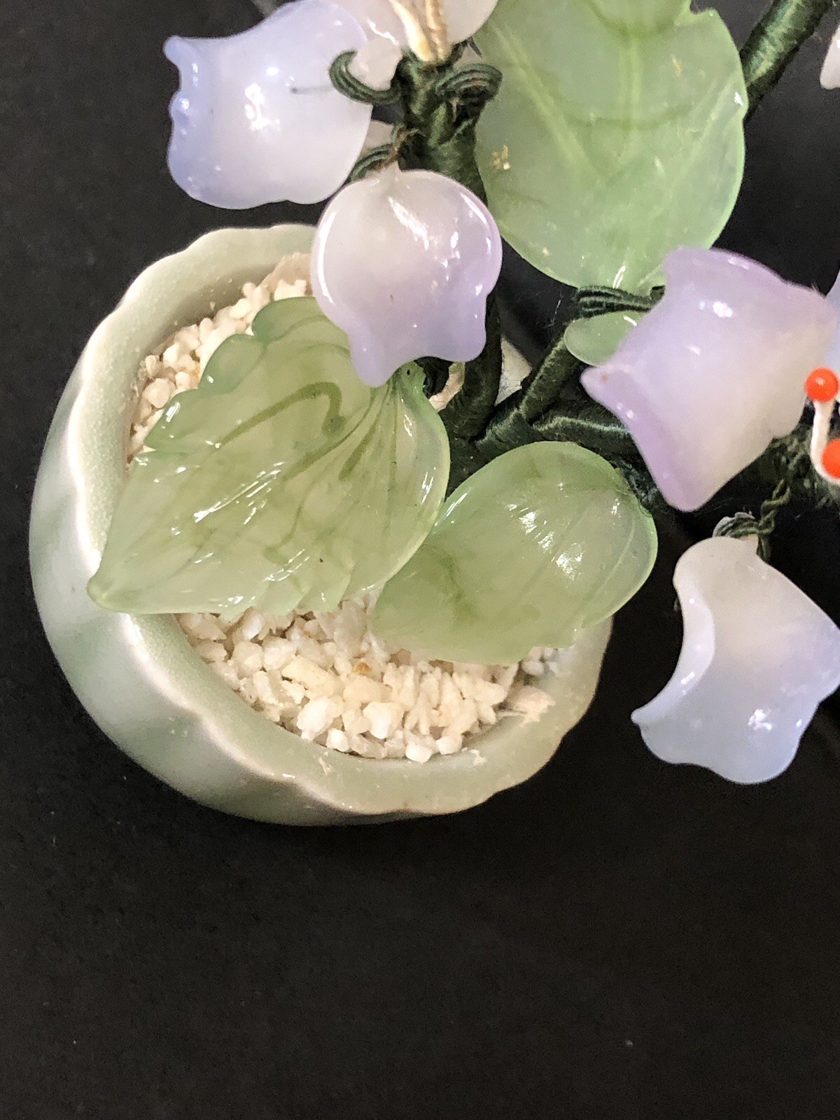 Vtg Mini Jade Glass Lavender Flower Tree Bonsai Green Celadon Planter Ornate 3”