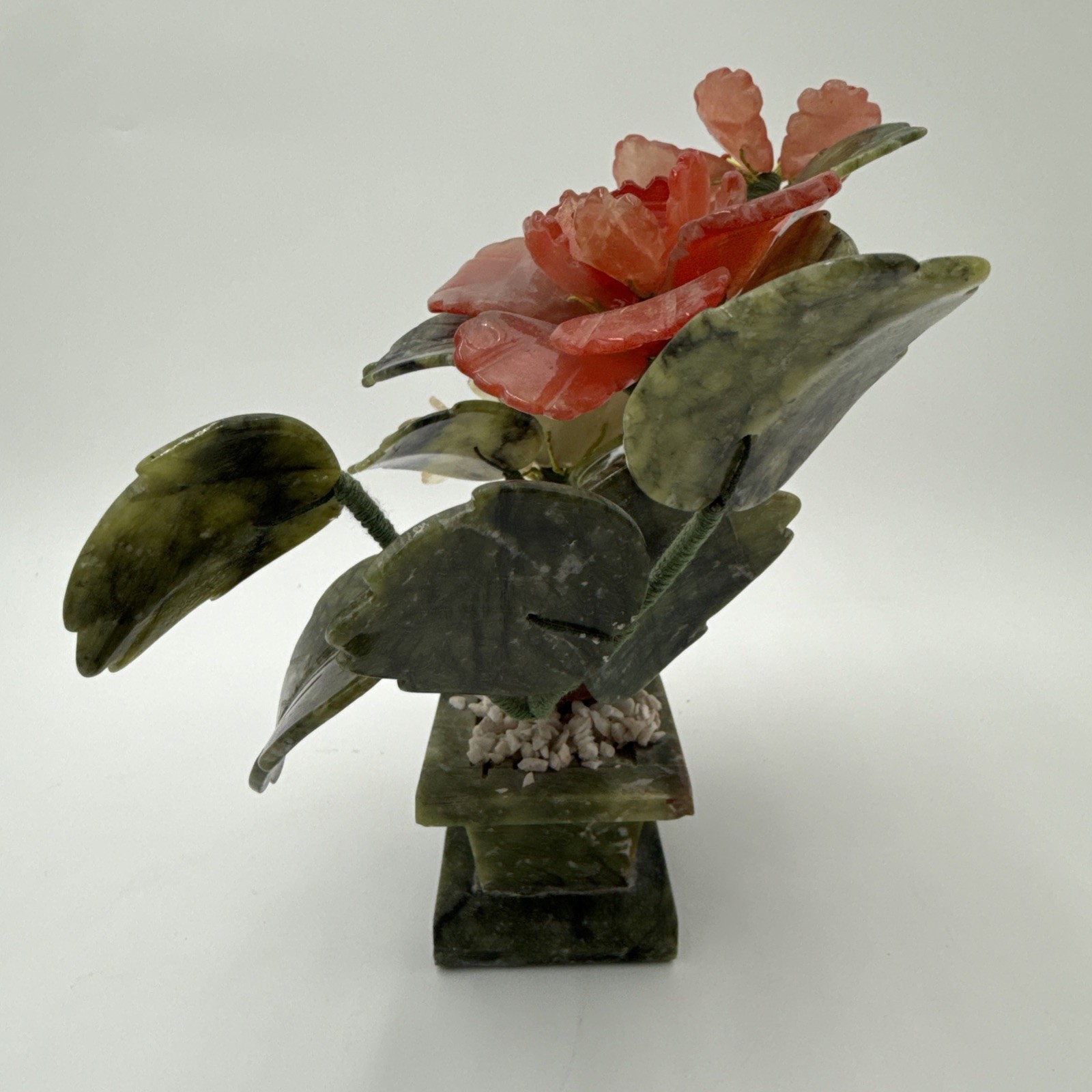 Vintage Chinese Jade Quartz Bonsai Tree Floral In Celadon Pot Carved Flower Tree