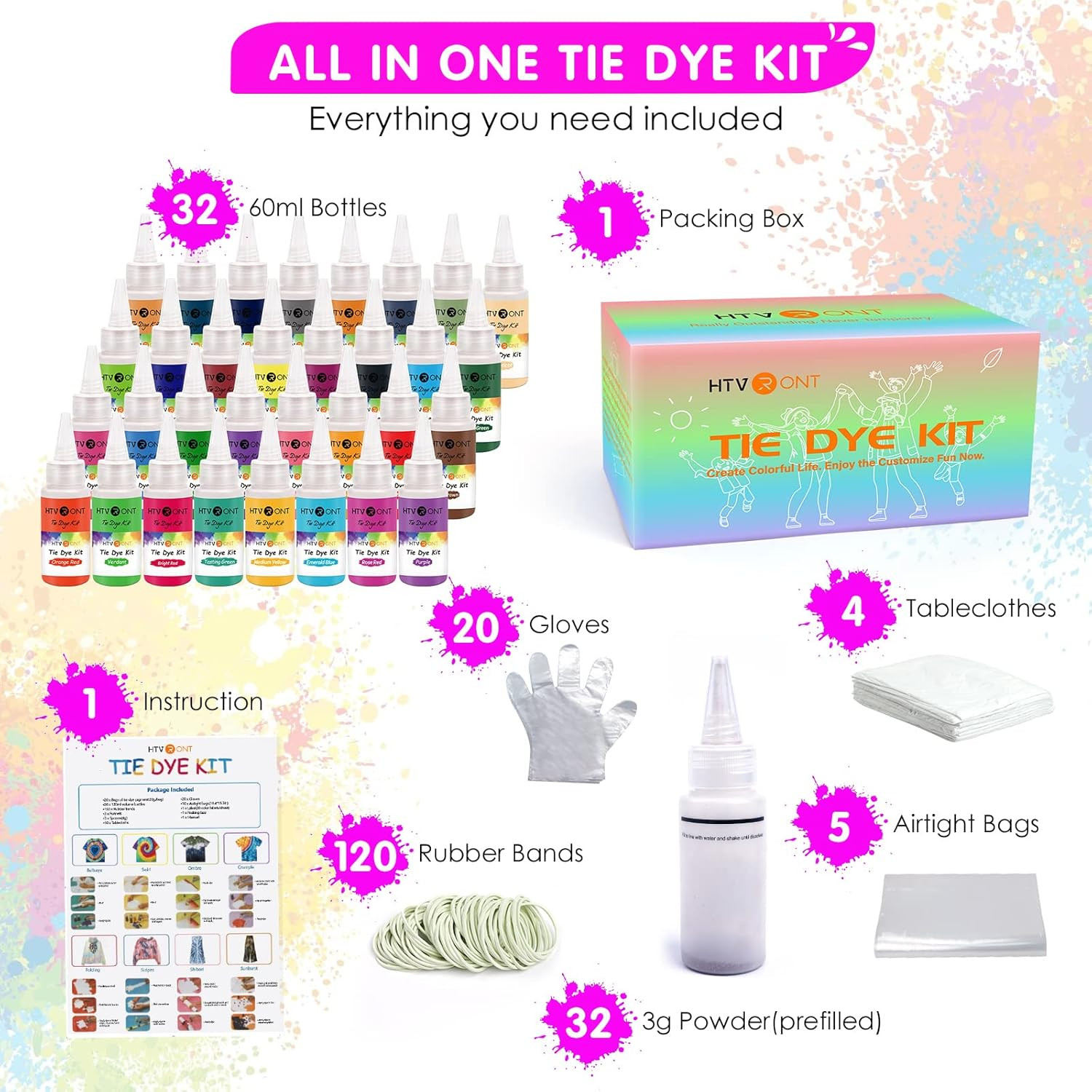 HTVRONT Tie Dye Kit – 32 Vibrant Colors Pre-Filled Bottles Tyedyedye Kit, Perman