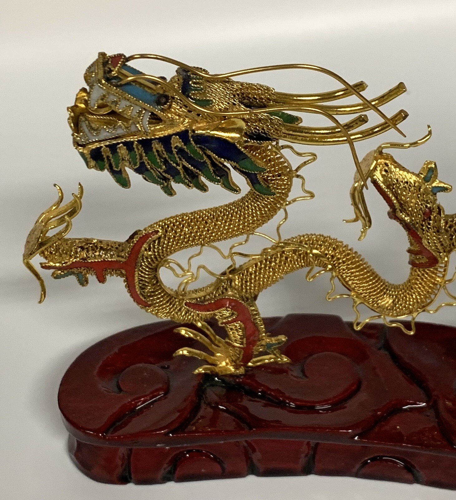 Chinese Brass Filigree Dragon Wooden Stand Gold Red Green Color 4.5”x 5”