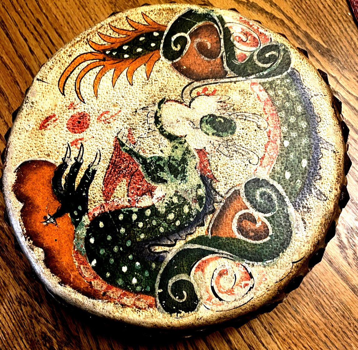 Asian Drum Hand Painted Dragon Double Sided Leather Head. 11.5” Vintage