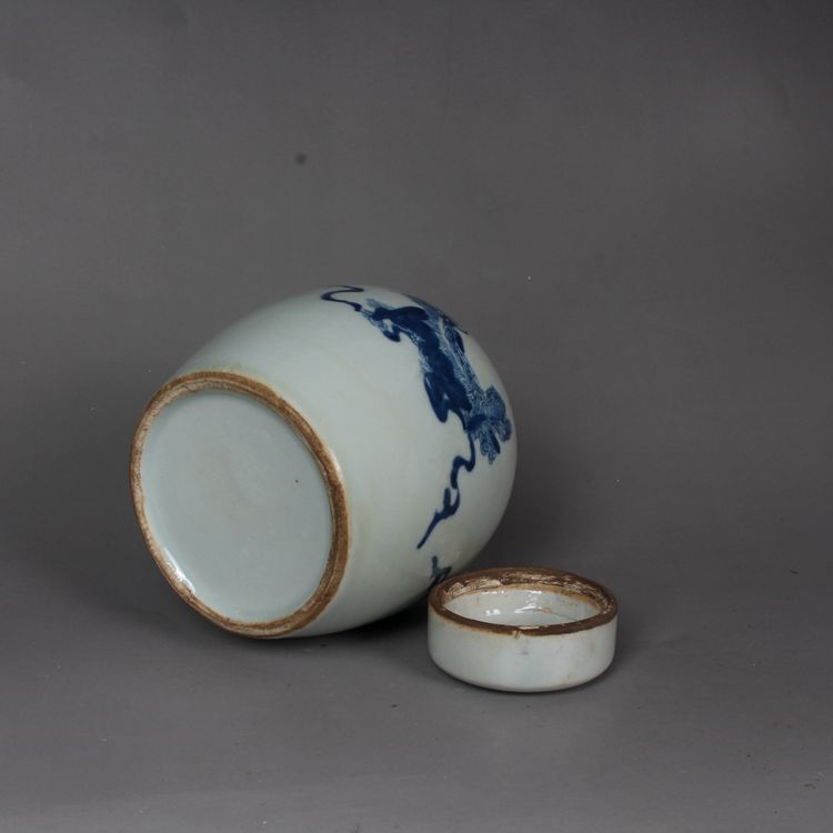 4.7″ Chinese Folk Kiln Blue and White Porcelain Foo Fu Dog Lion Tea-leaves Jar