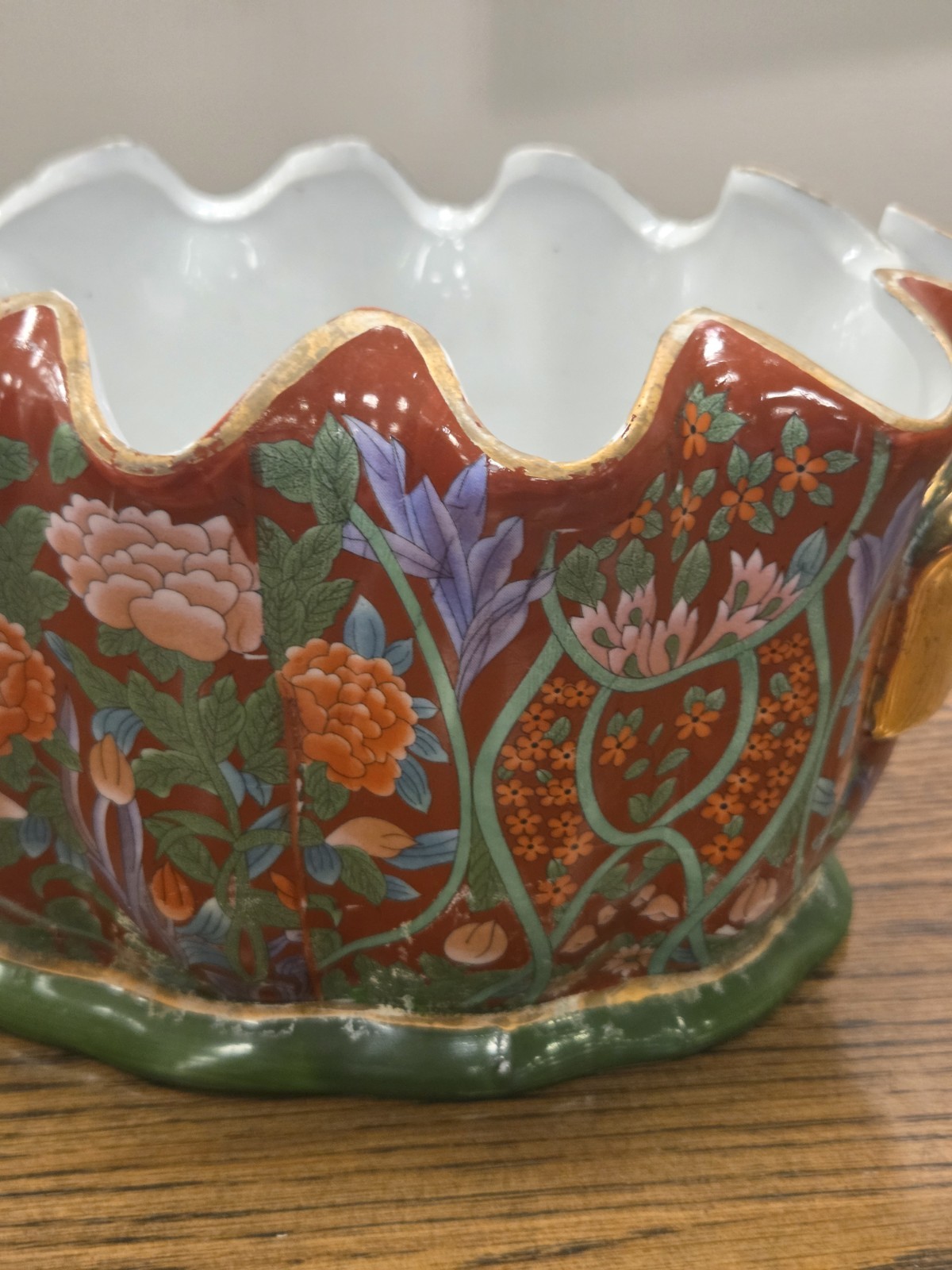 Chinese Foot Bath Satsuma Style Floral Red Vtg Porcelain Jardiniere Gold