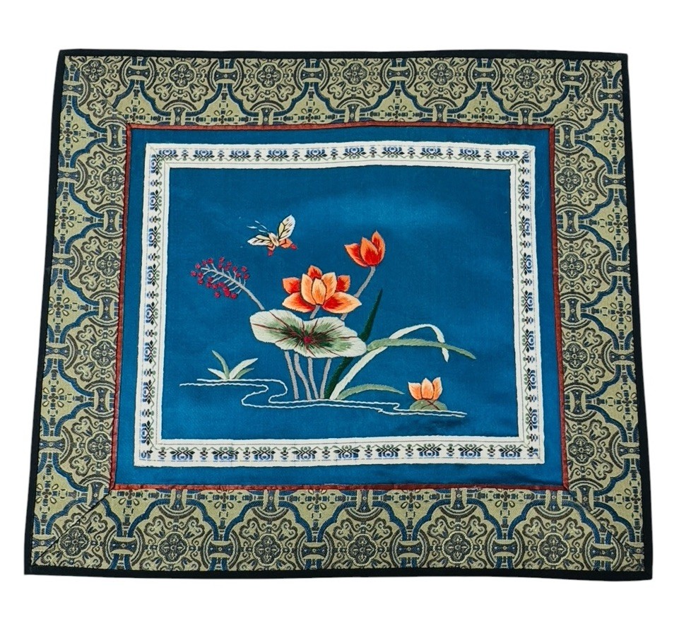 5 COLORFUL SILK PLACE MATS W/FLORAL EMBROIDERY, MADE IN CHINA, 11″ X 10″