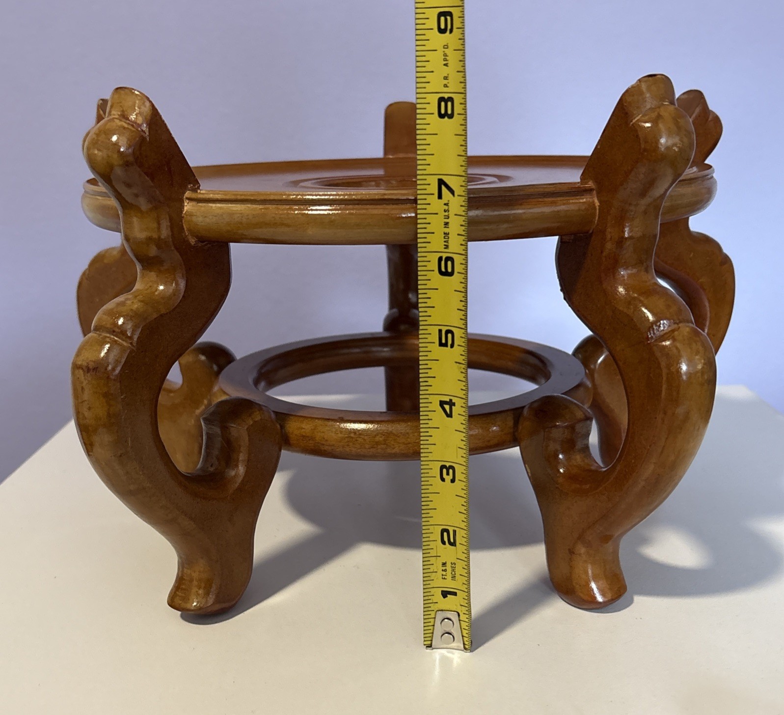 Carved Wood Plant Stand Display Honey Brown Vase Fish Bowl Asian Oriental 10”