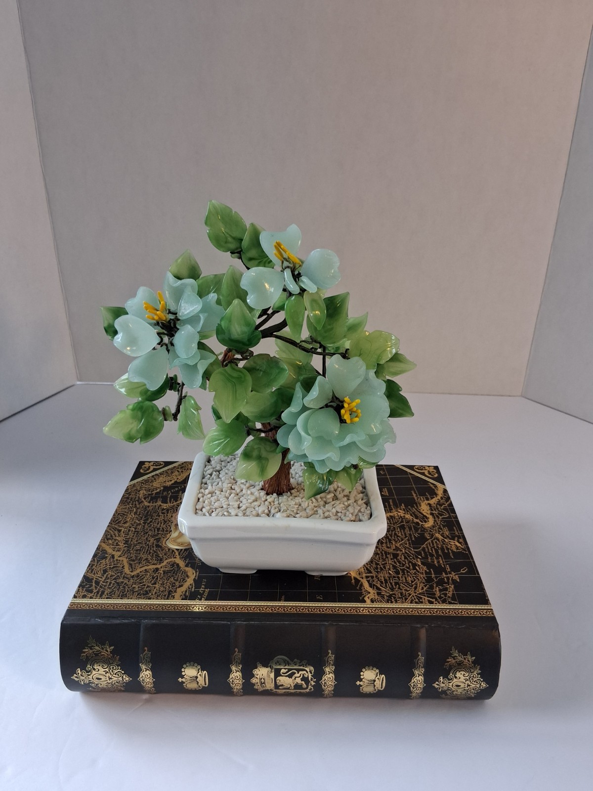 Vtg 1980’s Aqua Blue Peking Glass Blossomed & Jade-Stone Leaf Bonsai Tree; EUC!