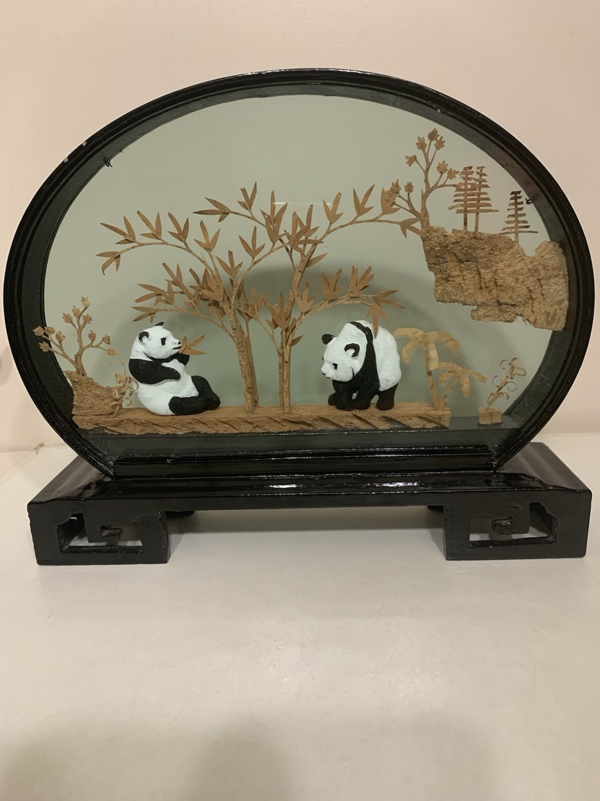 Panda Bear Vintage Collectible San You cork carve Art 3D Diorama in glass frame