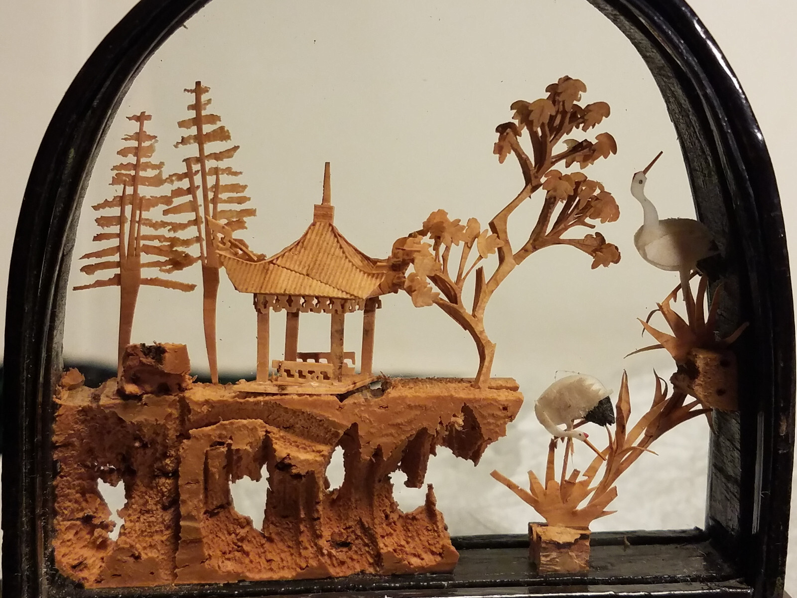 Chinese Lacquered Arched, Hand Carved Cork Diorama, Pagoda Trees Cranes