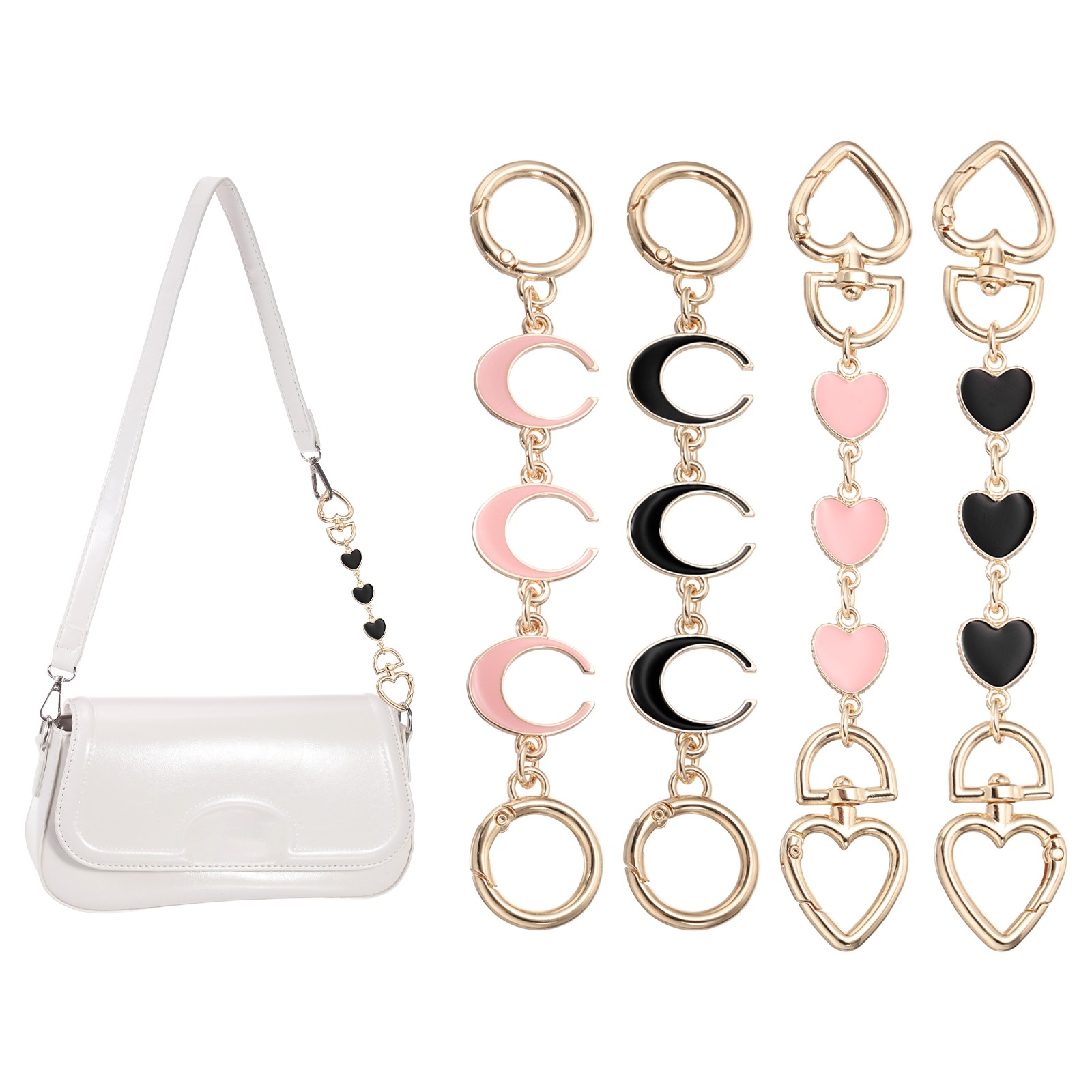 Bag Extender Chain, 4 Pcs Purse Strap Heart Moon Shape Chain, Black/Pink