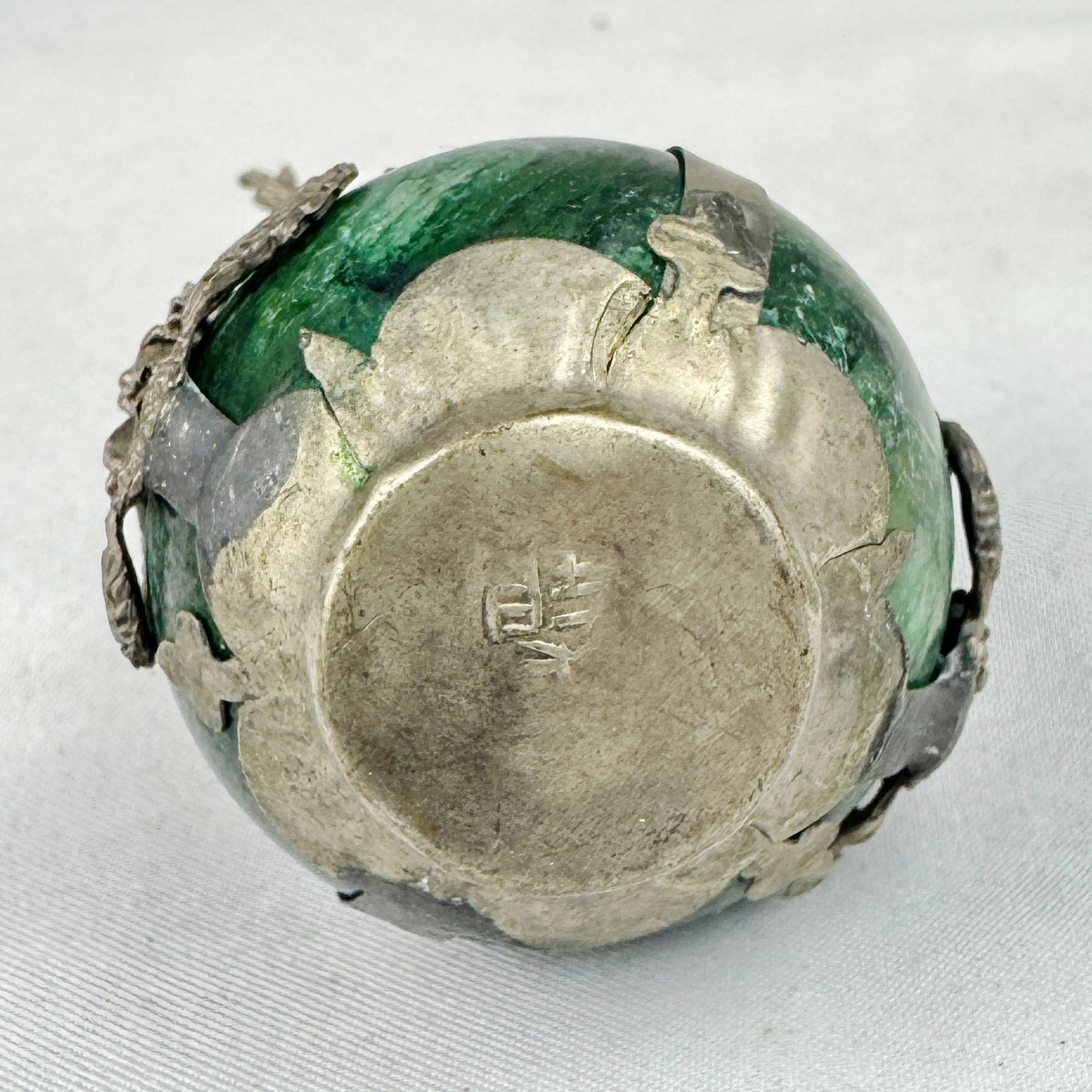 Vintage Chinese Zodiac DRAGON Green Marble Orb, Pewter/Tin Finial, Dragon Motif