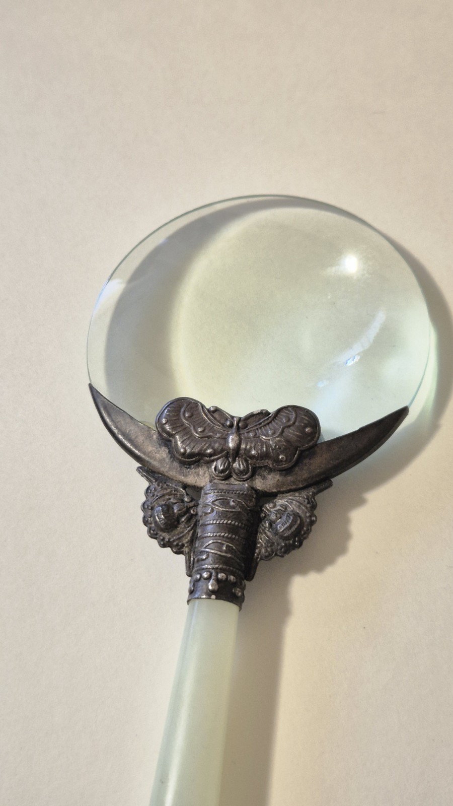 Antique 1900s Jade Stone Handle & Silver Filigree Magnifying Glass Jadeite