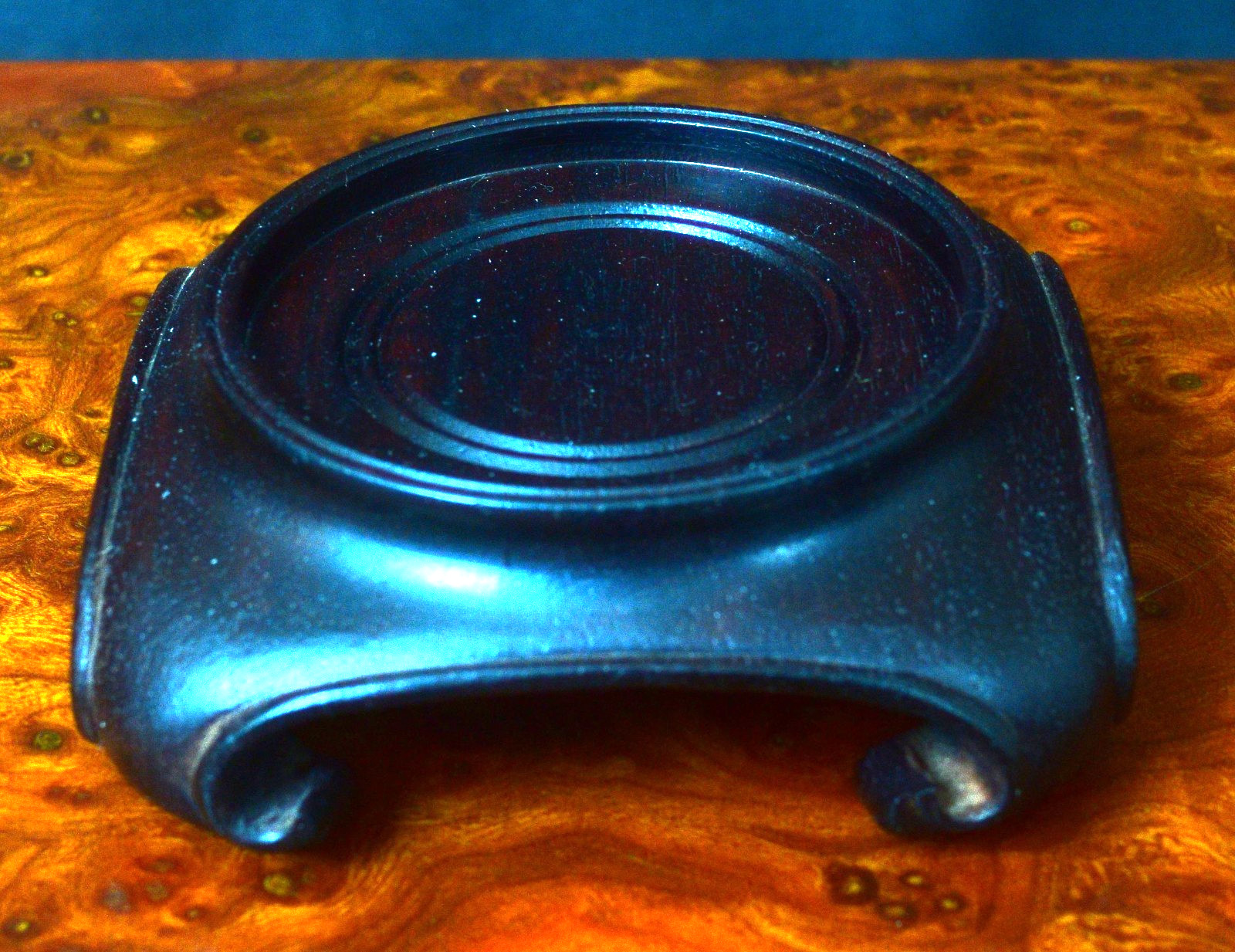 Vintage Chinese Round Brown Wood Stand w/Square Scroll base 2 1/2″ diam top S30
