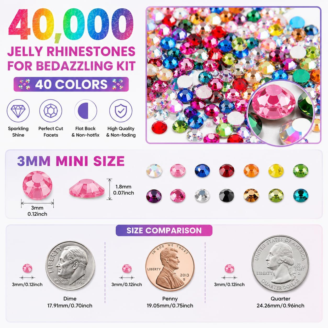 Rhinestones for Bedazzling Kit, 40000Pcs Multi-Color 3Mm Resin Flatback Gems wit