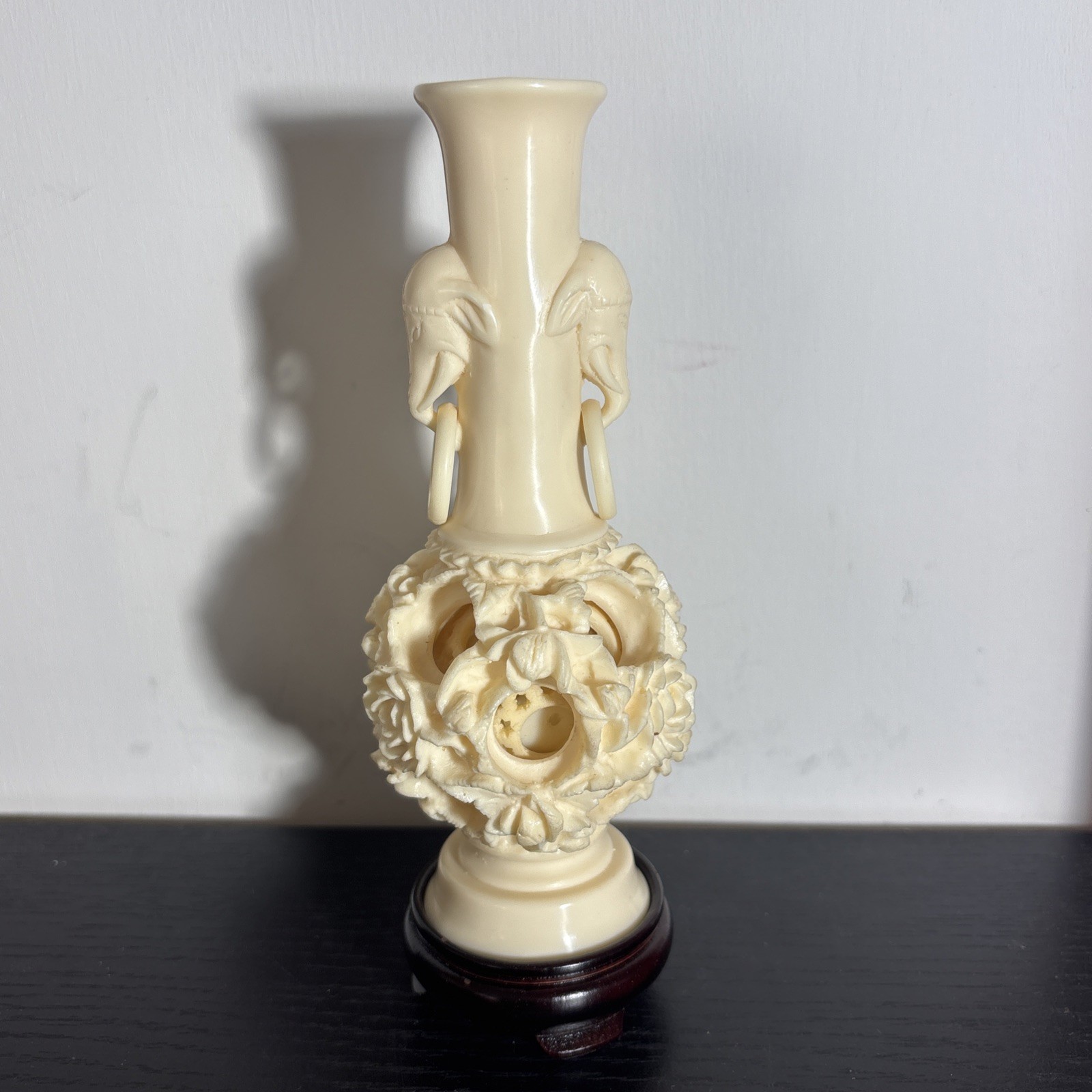 Vintage Chinese Puzzle Ball w/Elephants on Stand Faux Ivory in Plastic Front Box