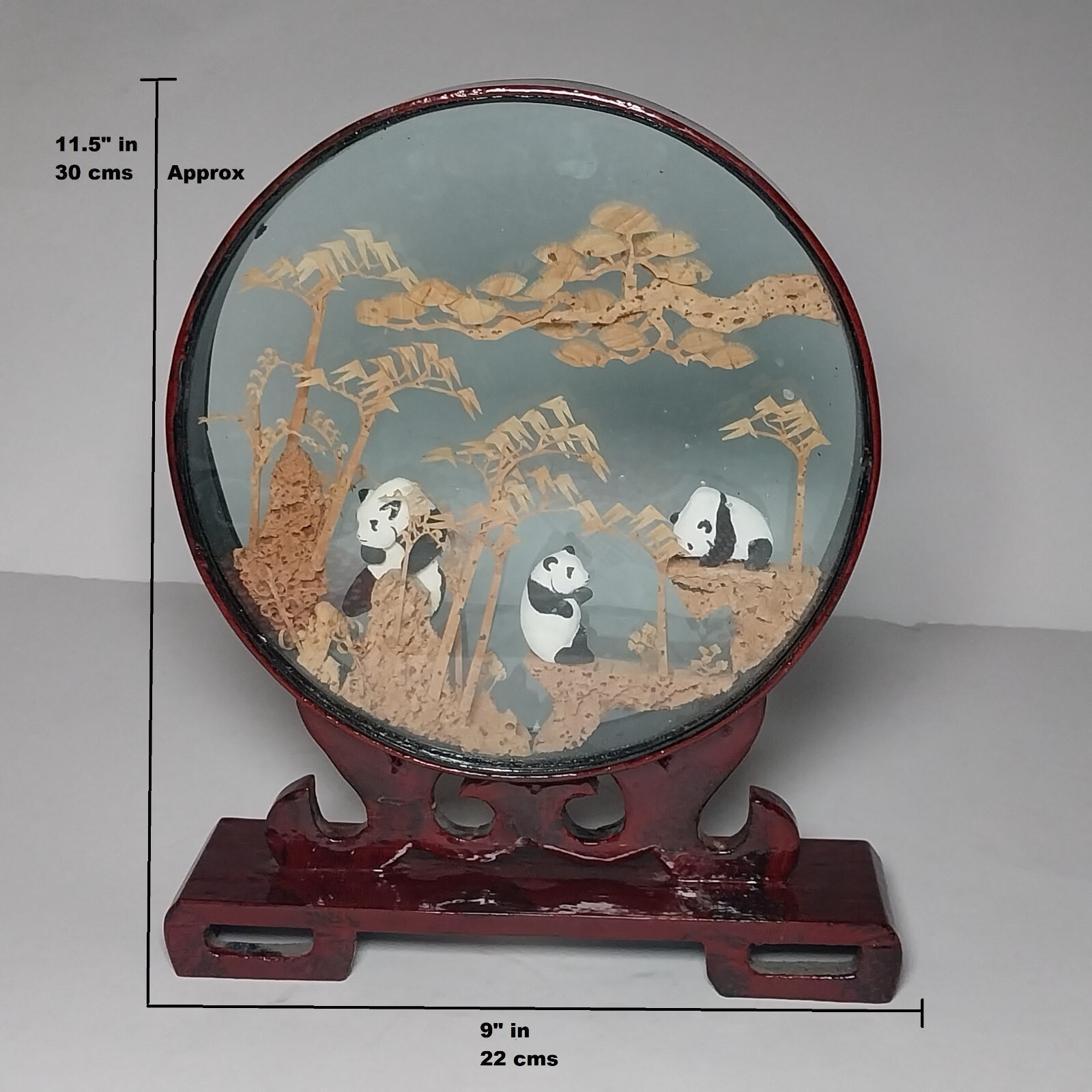 Antique Asian Carved Cork Framed Glass Diorama w/ Panda Bear Figures on Stand