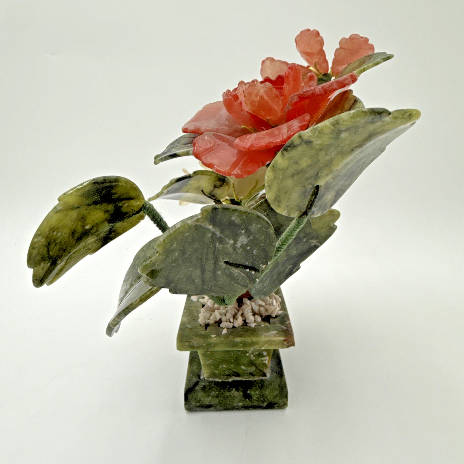 Vintage Chinese Jade Quartz Bonsai Tree Floral In Celadon Pot Carved Flower Tree