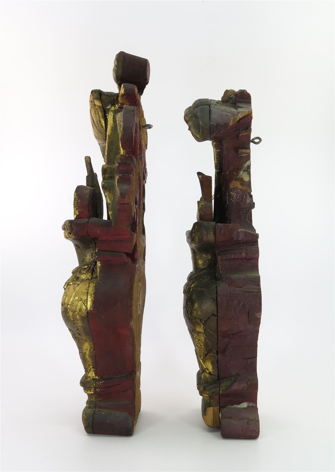 2 Vintage Carved Wood Gilt & Red Chinese Decorative Wall Sculptures 13″ T x 4.5″