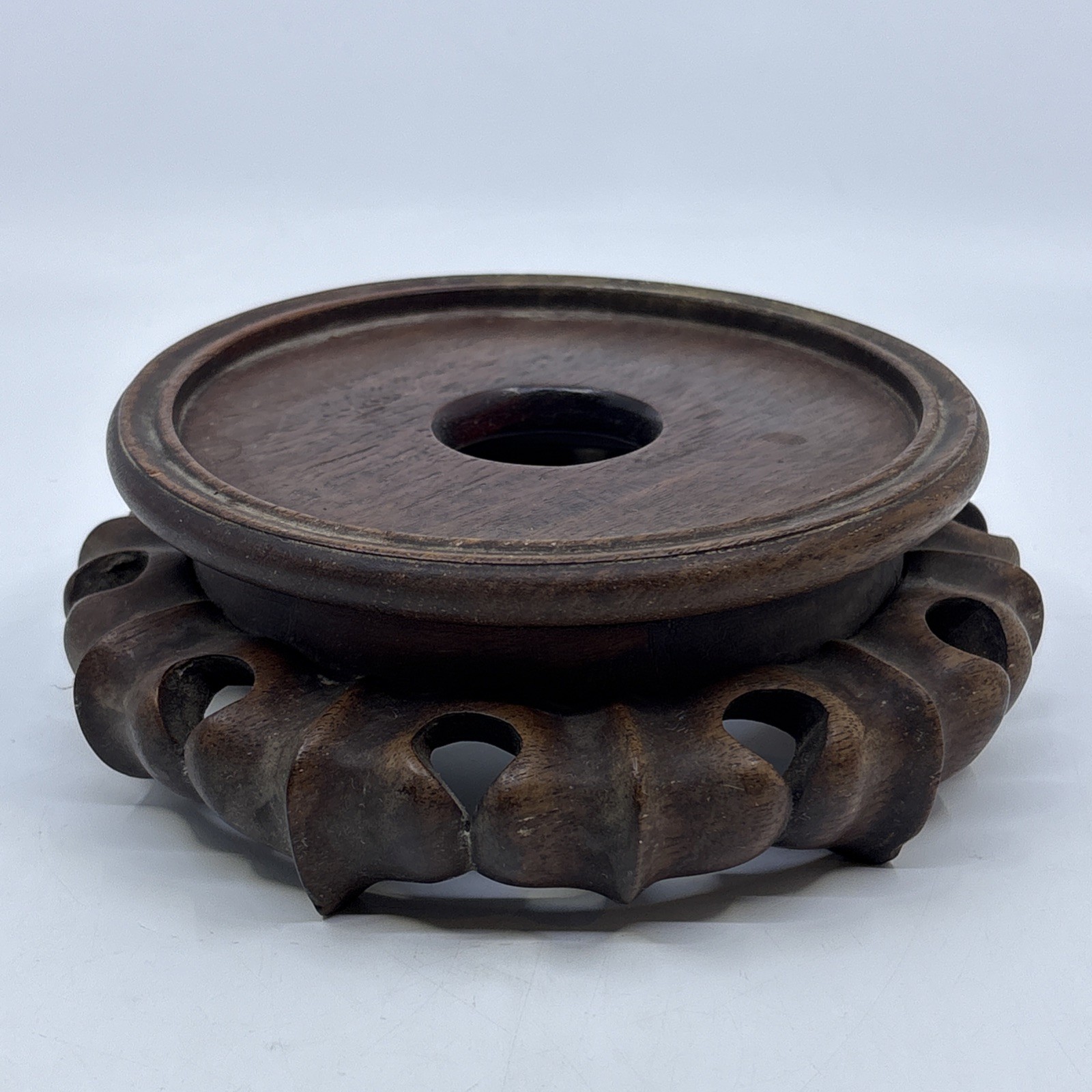 Vintage Chinese Wood Display Stand Vase Plant Asian Lamp Base Round 4.5″ Inner
