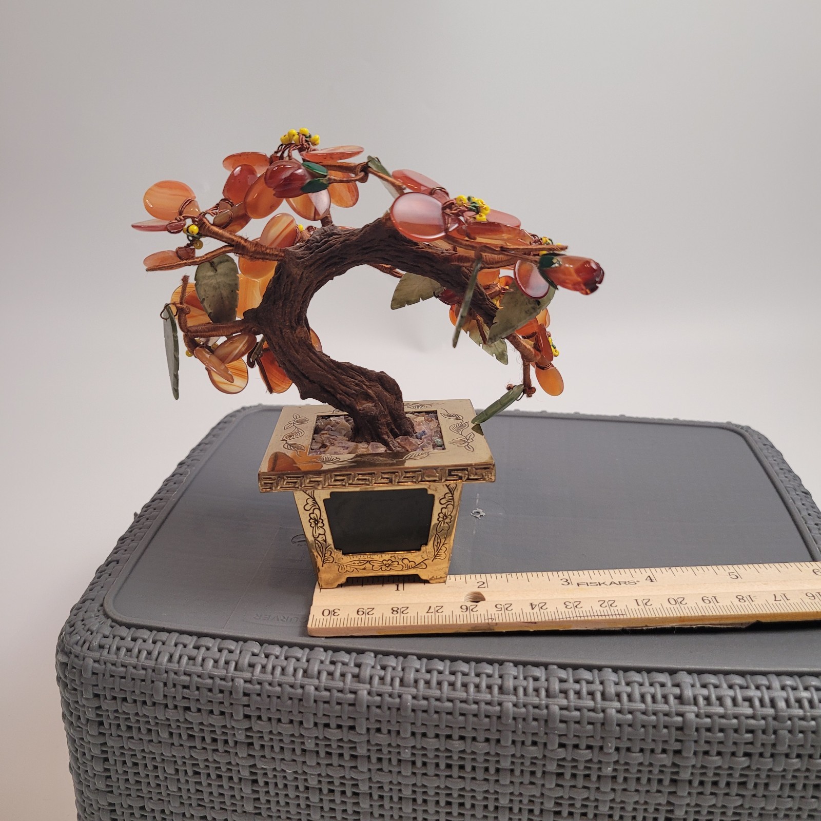 CHINESE HARDSTONE BONSAI TREE w/ CARNELIAN FLOWER/NEPHRITE INLAID JADE HONG KONG