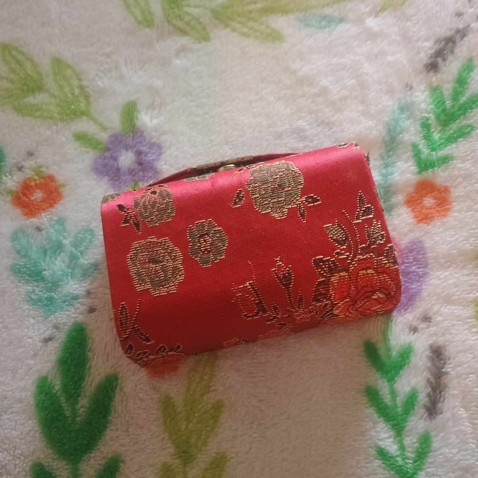 Chinese Red Silk Brocade Jewelry Box with Mirror