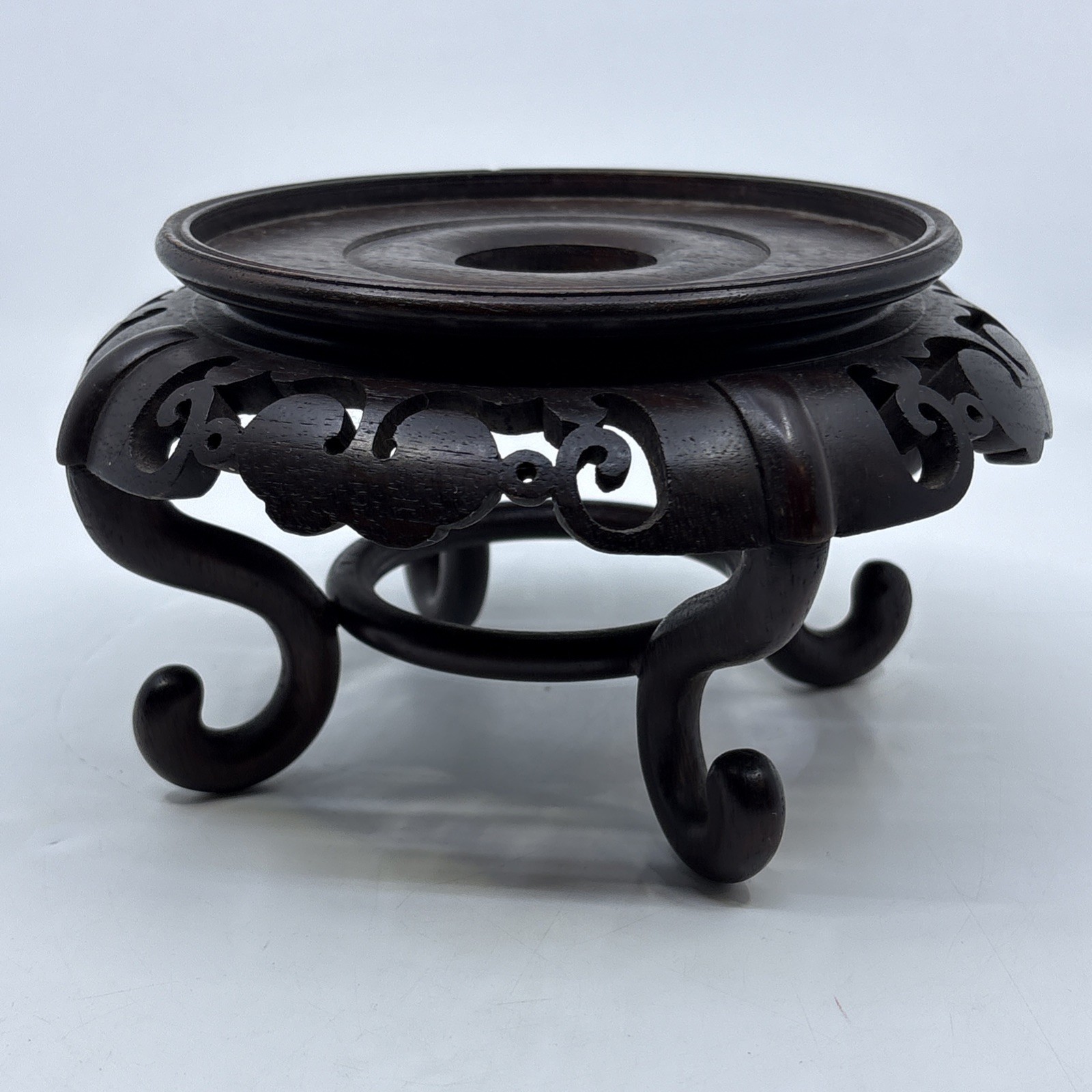 Vtg Chinese Wood Display Stand Vase Plant Asian Lamp Base Footed Legs 5.5″ Inner