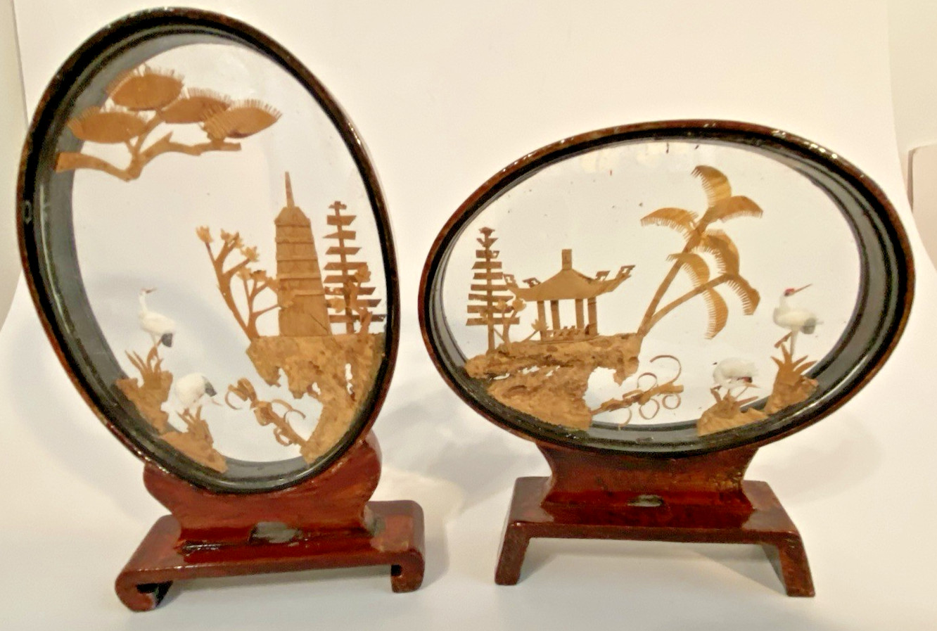 VINTAGE CHINESE DIORAMA CORK CARVING GLASS CASE PAGODA TREES & CRANES.